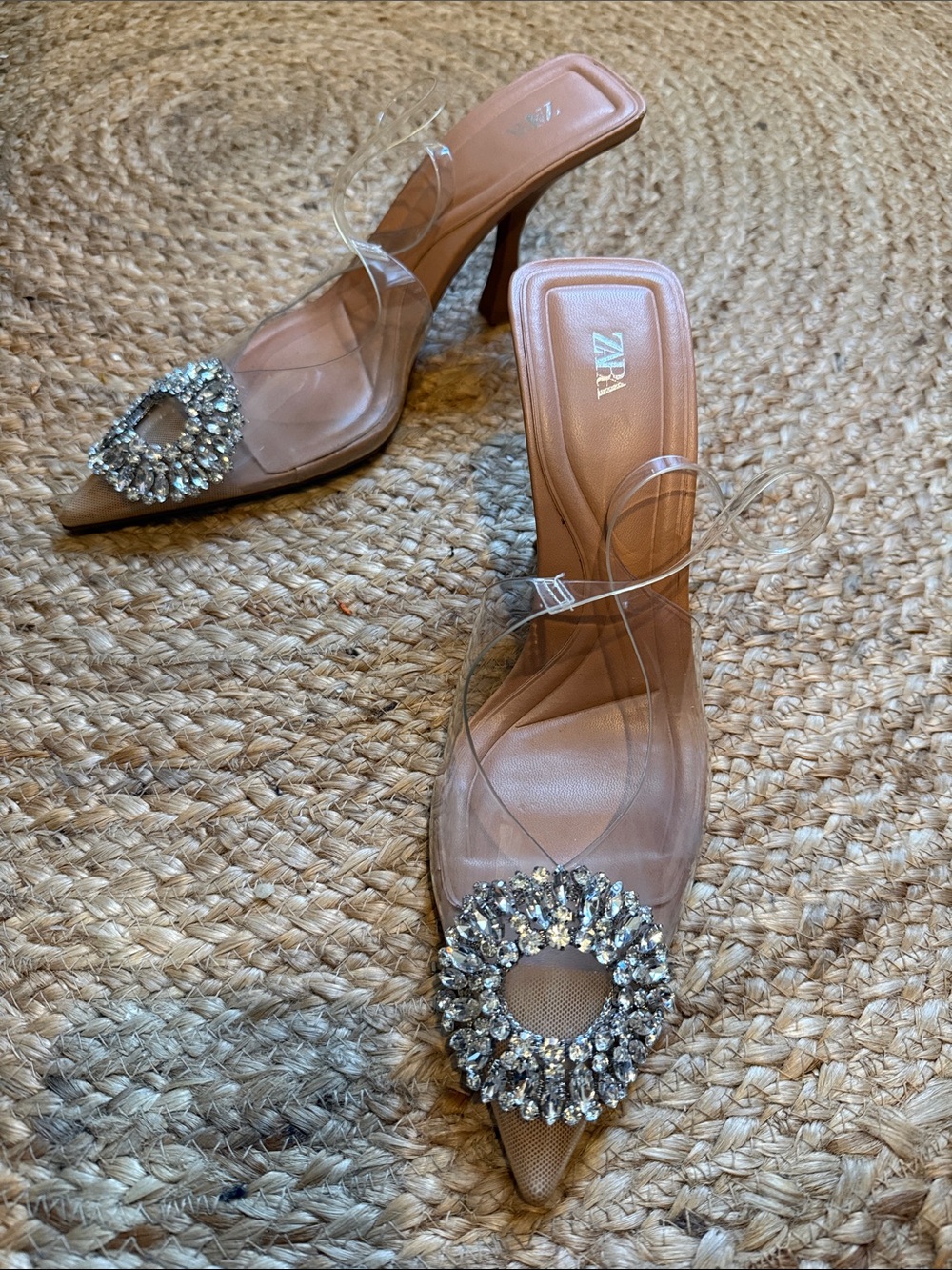 ZARA Nude Tan Clear Strap Pointed Mule with Crystal Brooch
